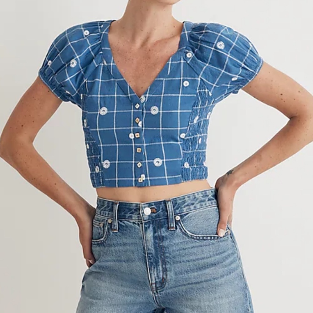 Madewell Blue Checkered Button-Up Blouse